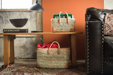 Open Weave Basket with Leather Trim